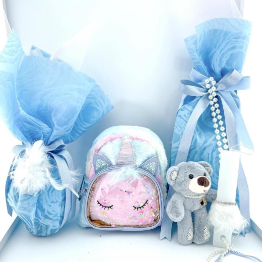 Εικόνα για Baby blue furry unicorn Σετ λαμπάδας τσάντα 